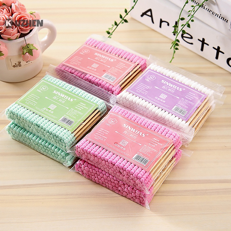 Kuzhen Set 100 Tăm Bông cotton Hai Đầu Dùng Để Vệ Sinh Tai / Mũi / Lỗ Tai Chăm Sóc Sức Khỏe Cho Nữ