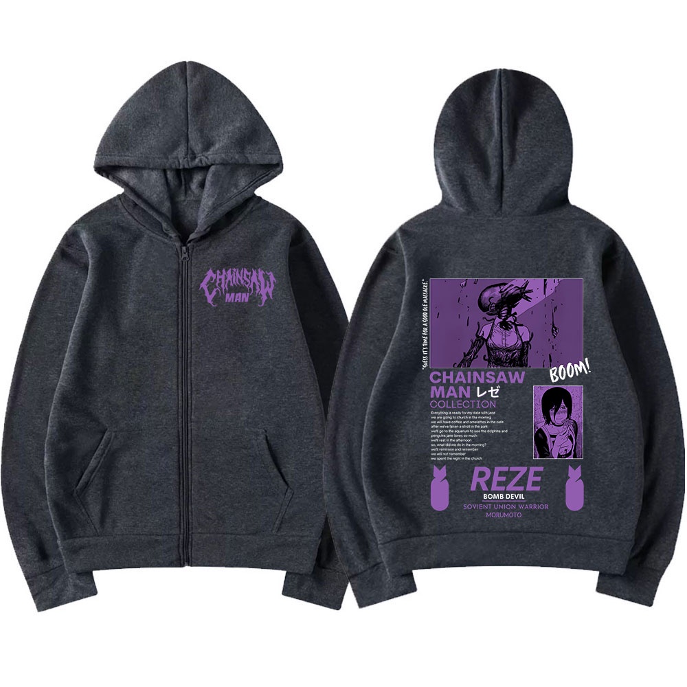 HOT Áo Khoác Hoodie Tay Dài Oversize Có Khóa Kéo In Họa Tiết Hoạt Hình Chainsaw Man Reze Cho Nam Và Nữ
