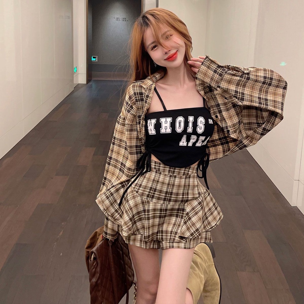 Set Áo Sơ Mi + Áo Khoác + Chân Váy + Áo Hai Dây Họa Tiết Kẻ Sọc Thời Trang Mùa Xuân Mới Cho Nữ