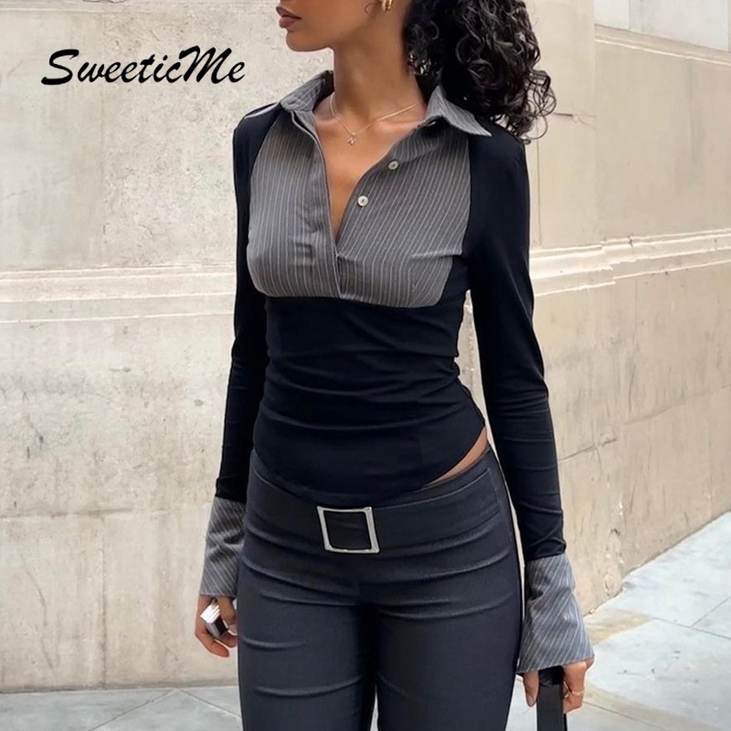 Sweeticme Áo Sơ Mi polo Tay Dài Loe Ôm Dáng Họa Tiết Kẻ Sọc Màu Tương Phản Thời Trang Mới 2023 Dành Cho Bạn Nữ