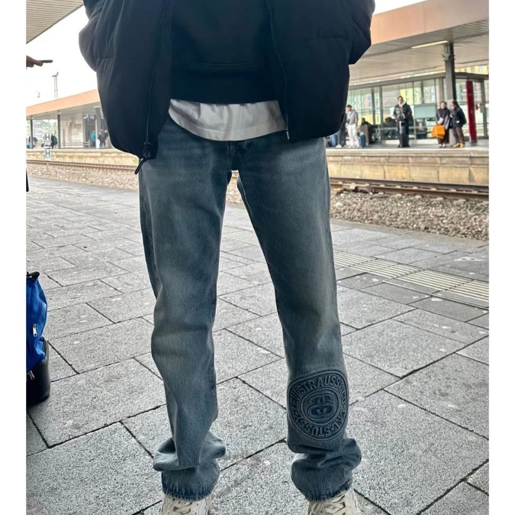 PELE stussy top version Tide brand joint 150th anniversary relief jeans casual trousers embroidery