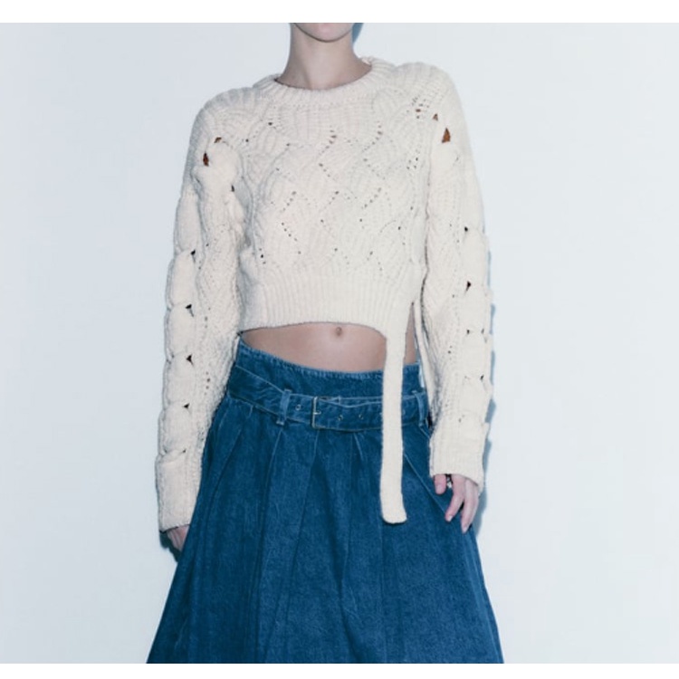 Zara Áo sweater Dệt Kim Tay Dài Cổ Tròn Phối Nơ Thời Trang Thu Đông Cá Tính3859110