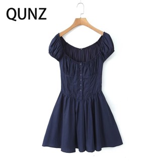 Đầm Tay Phồng Cổ Vuông Màu Xanh navy Thời Trang 7088