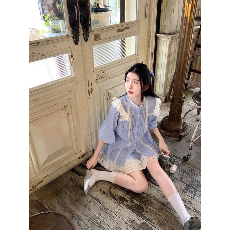 SET KẺ XANH VIỀN BÈO REN KÈM CHÂN VÁY lương su shop