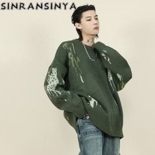 Áo sweater SINRANSINYA dệt kim cổ tròn cao cấp màu tương phản phong cách retro đường phố Mỹ cho nam