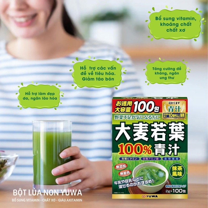 Bột mầm lúa non hữu cơ nguyên chất YUWA Nhật Bản Hộp 100 gói & Fracora