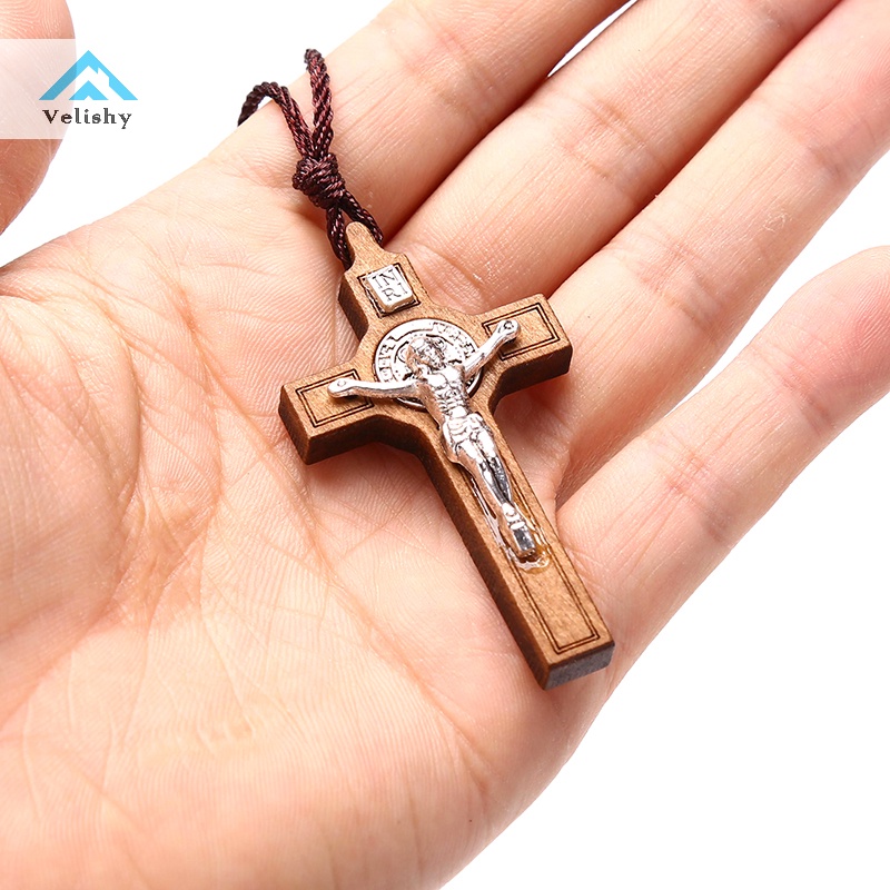 Velish Vòng cổ Mặt Gỗ Hình Thánh Giá Phong Cách retro