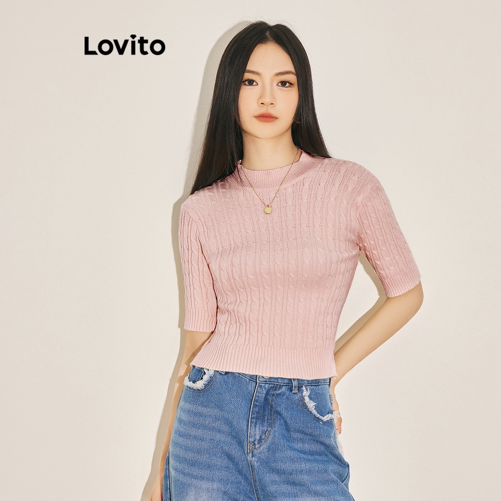 Áo dệt kim Lovito tay ngắn đơn giản màu trơn thường ngày cho nữ L61AD146
