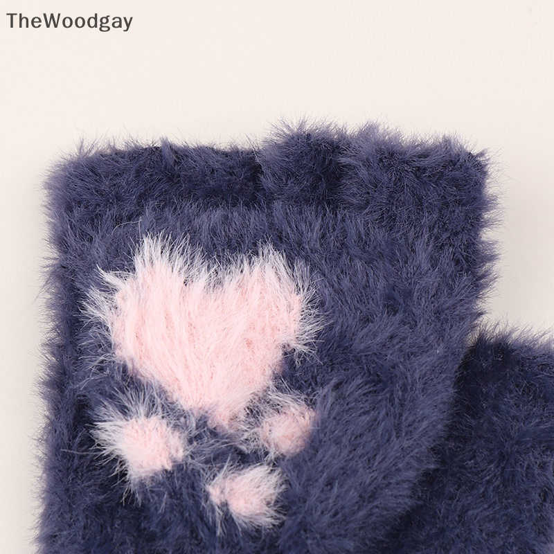 1 Đôi Găng Tay Lông Mềm Hở Ngón Giữ Ấm Mùa Đông Hình Bàn Chân Mèo Thời Trang Cho Nữ