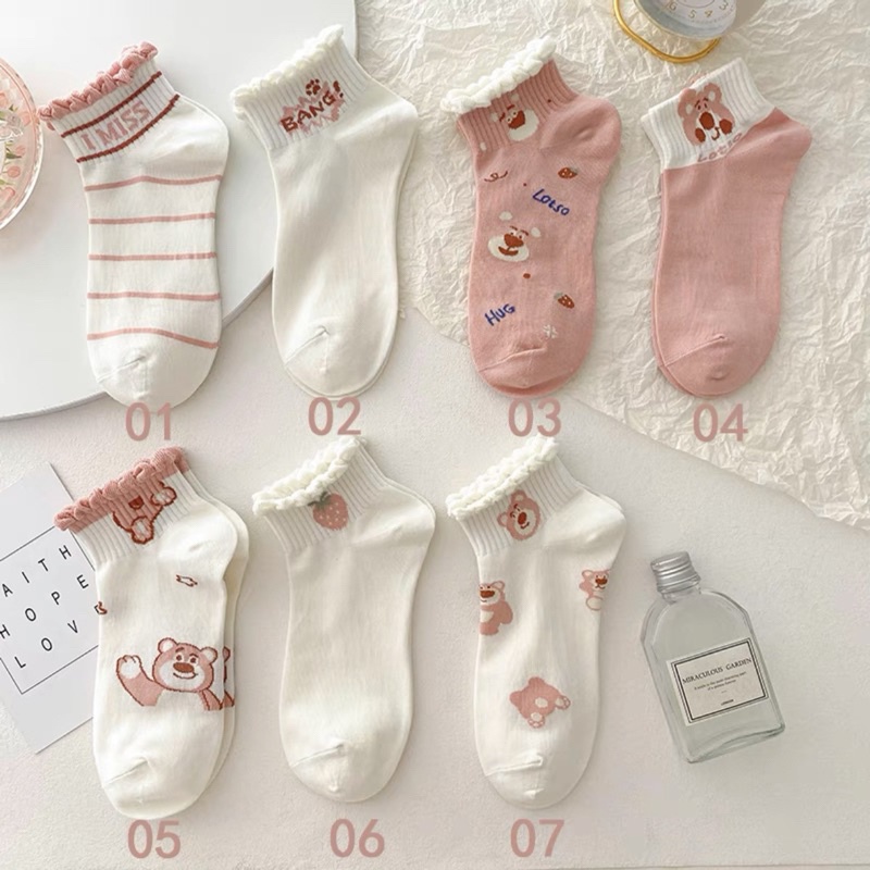 Set 5 Đôi Tất Vớ Nữ Họa Tiết Gấu Hồng Cổ Bèo Dễ Thương Phong Cách Hàn tt23