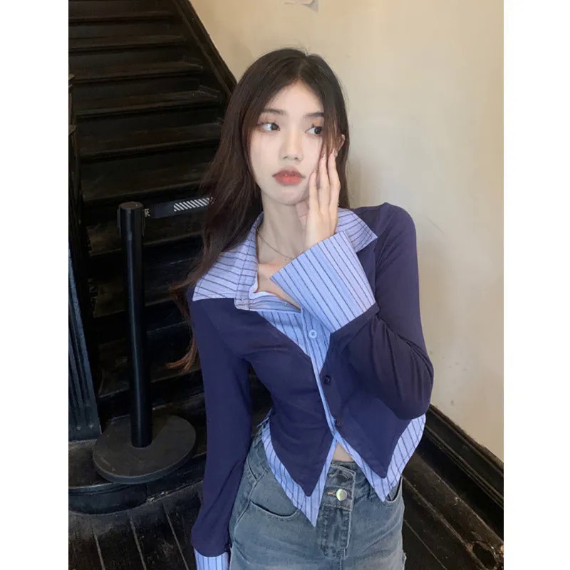 Milyfashion 2023 mùa xuân phong cách mới ngọt ngào phong cách cay ngọt ngào đường khâu không đều đặn áo sơ mi hai mảnh giả eo cao trông thon thả hơn