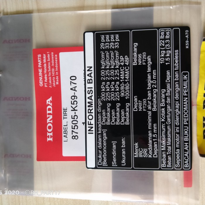 TEM THÔNG SỐ YÊM KHÓA VARIO 2017 , VARIO 2018 , CLICK 2017 ,  CLICK 2018