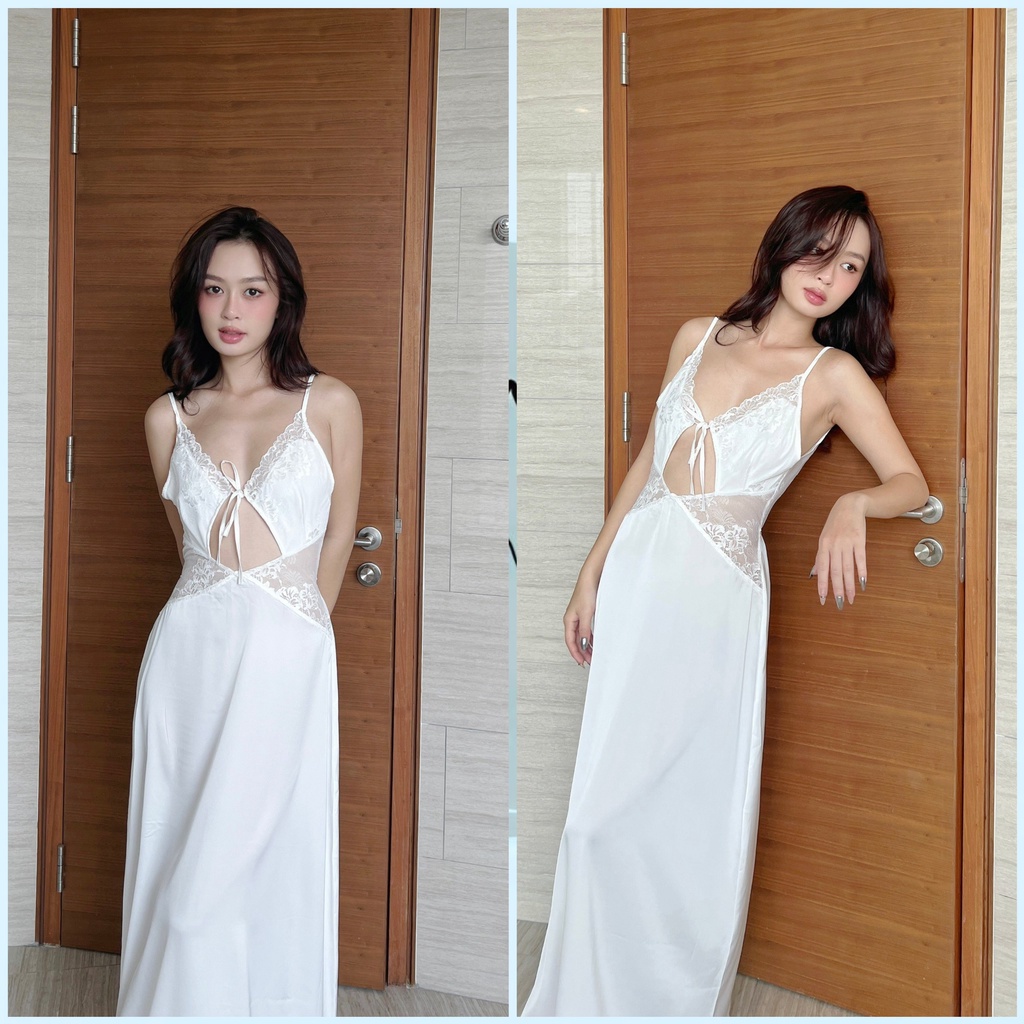 Đầm Ngủ Dáng Dài 2 Dây Phối Ren Cut Out Ngực Sexy Freesize Lụa Latin Cao Cấp