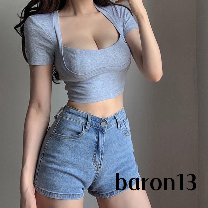Xo8k-áo Thun crop top Tay Ngắn Màu Trơn Thời Trang Mùa Hè Cho Nữ