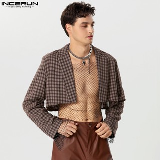 INCERUN Áo Khoác Vest Tay Dài Kẻ Sọc Caro Trẻ Trung Hợp Thời Trang Cho Nam