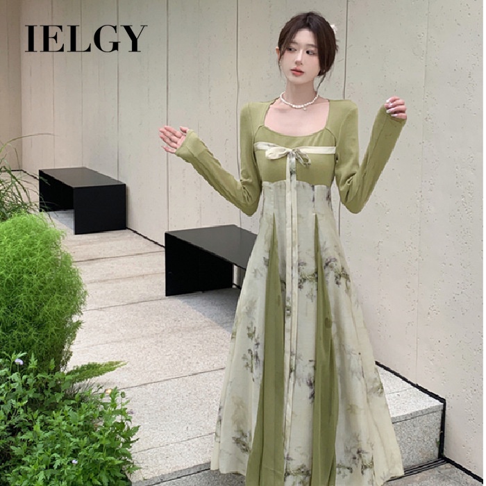 Đầm Chữ a Tay Dài Cổ Vuông Phong Cách Trung Hoa Mới Cho Nữ