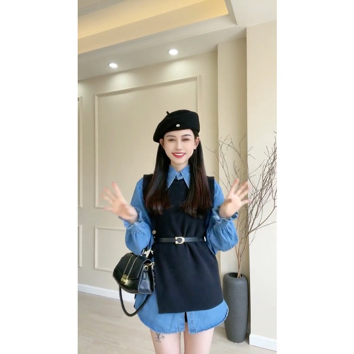 Set sơmi jean xanh kèm gile +quần short đen kèm belt