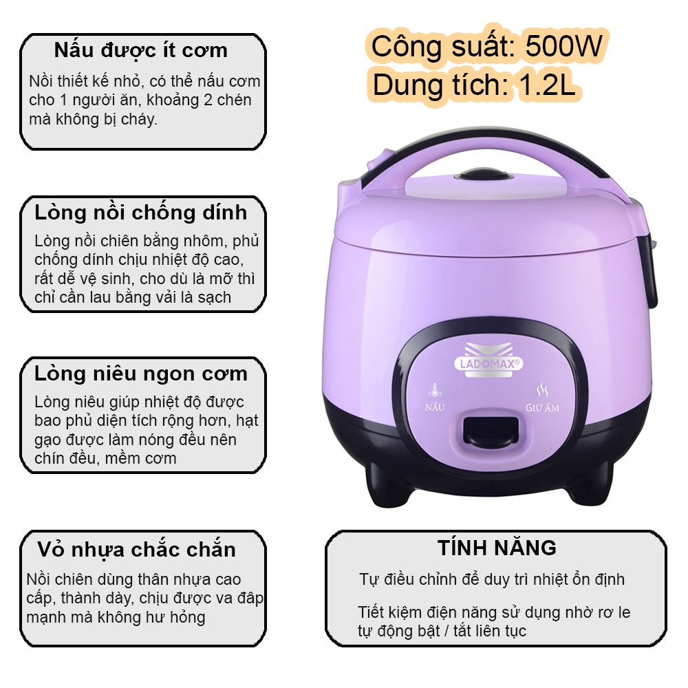 Nồi cơm điện sinh viên 1.2L Ladomax HA-7412 lòng niêu chống dính nấu cơm mềm, không cơm cháy
