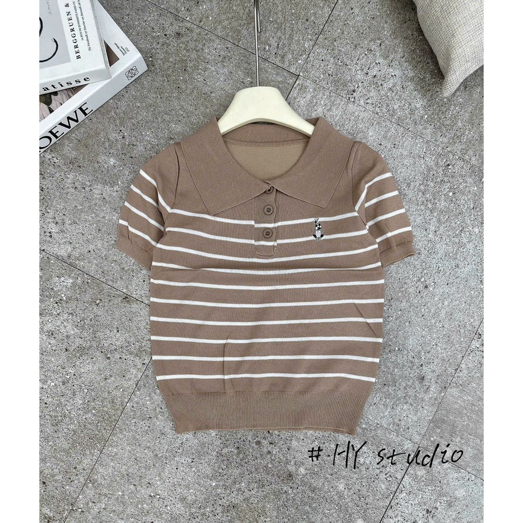 Áo len kẻ cổ polo thêu thỏ , áo len ngắn tay nữ