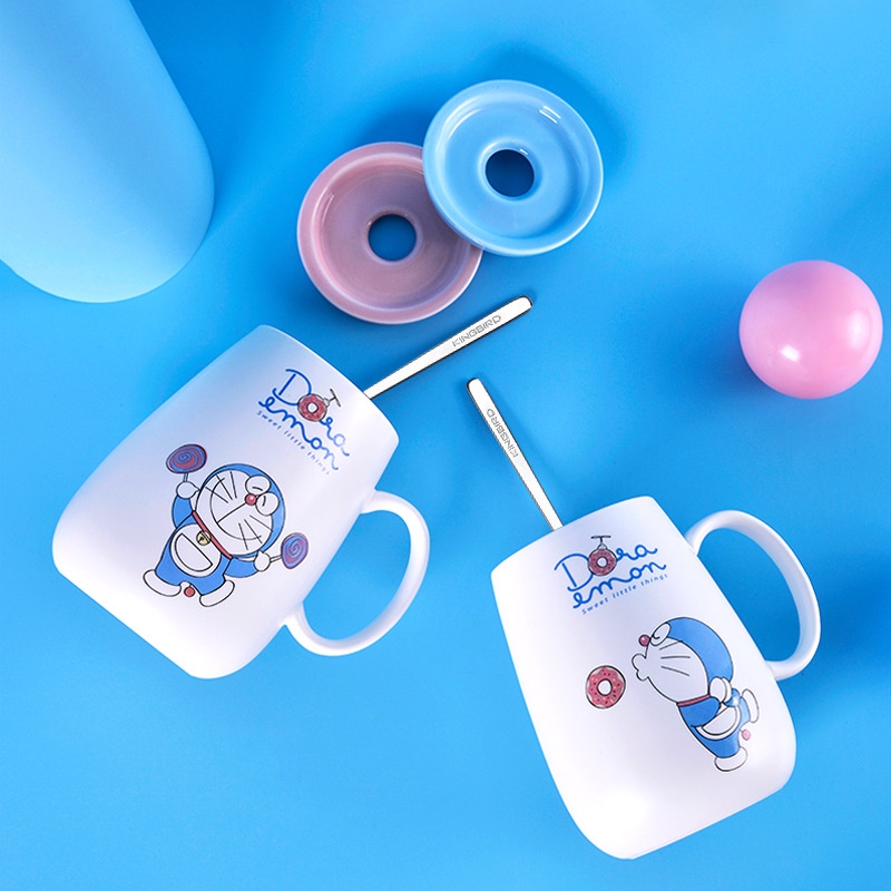 Doraemon Bộ Cốc Uống Nước Bằng Sứ Kèm Nắp Đậy Và Muỗng Họa Tiết Hoạt Hình Dễ Thương Phù Hợp Làm Quà