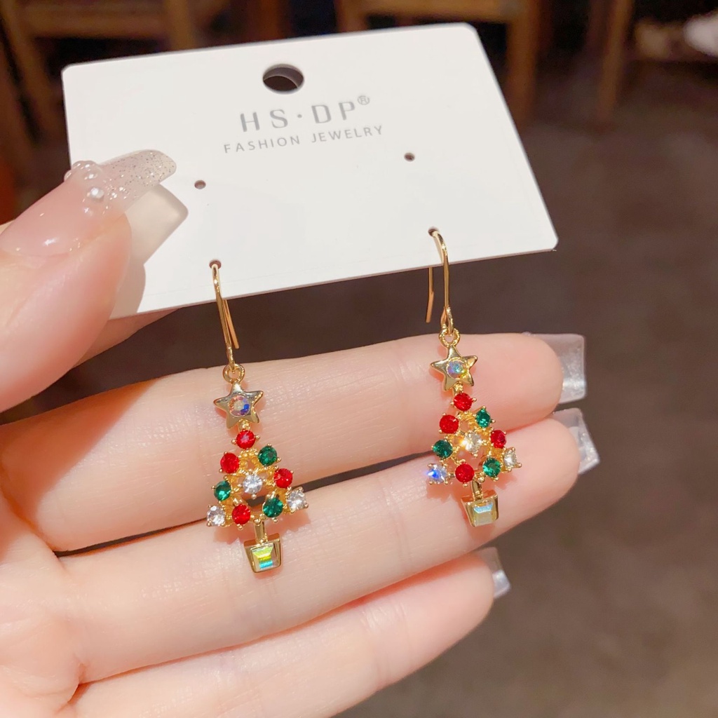 Bông Tai Hình Cây Thông Giáng Sinh Đính Đá zircon Cao Cấp Sang Trọng Phong Cách Hàn Quốc