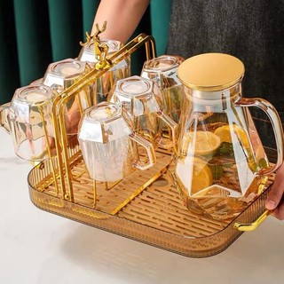 Bộ Bình Thuỷ Nước Tinh Và 6 Cốc Chịu Nhiệt Tốt Hình Lục Giác Màu Vàng Hổ Phách Trang Trọng