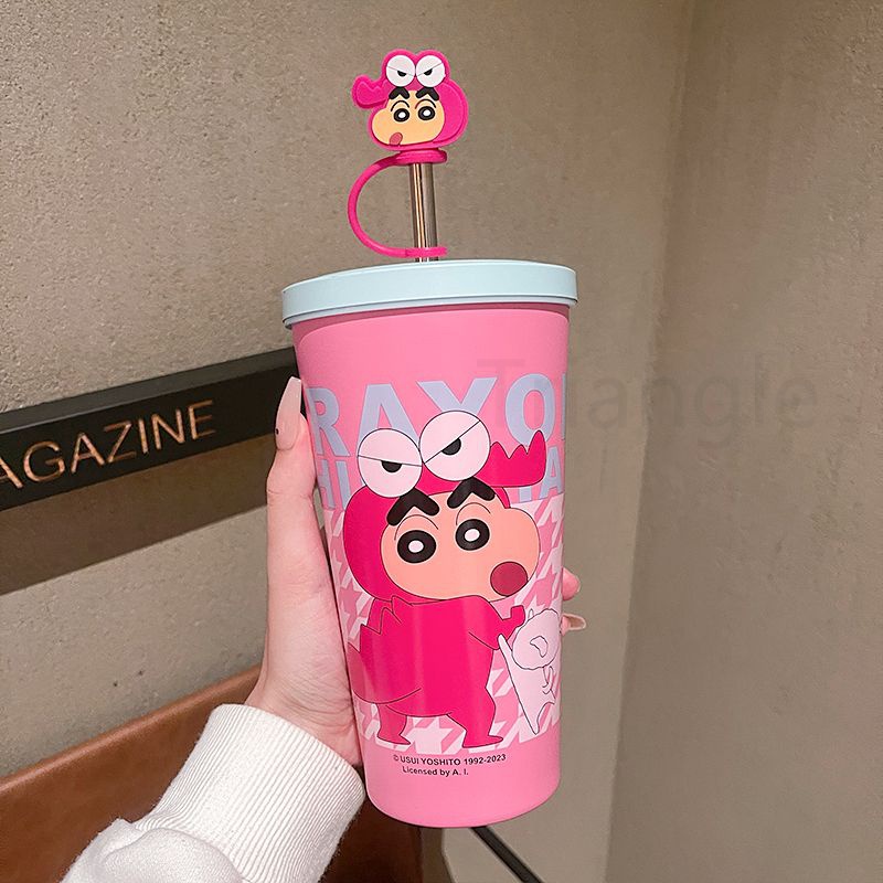 Bình Nước Giữ Nhiệt Dung Tích Lớn In Họa Tiết Hoạt Hình Cậu Bé Bút Chì shin Dễ Thương Có Ống Hút Tiện Dụng