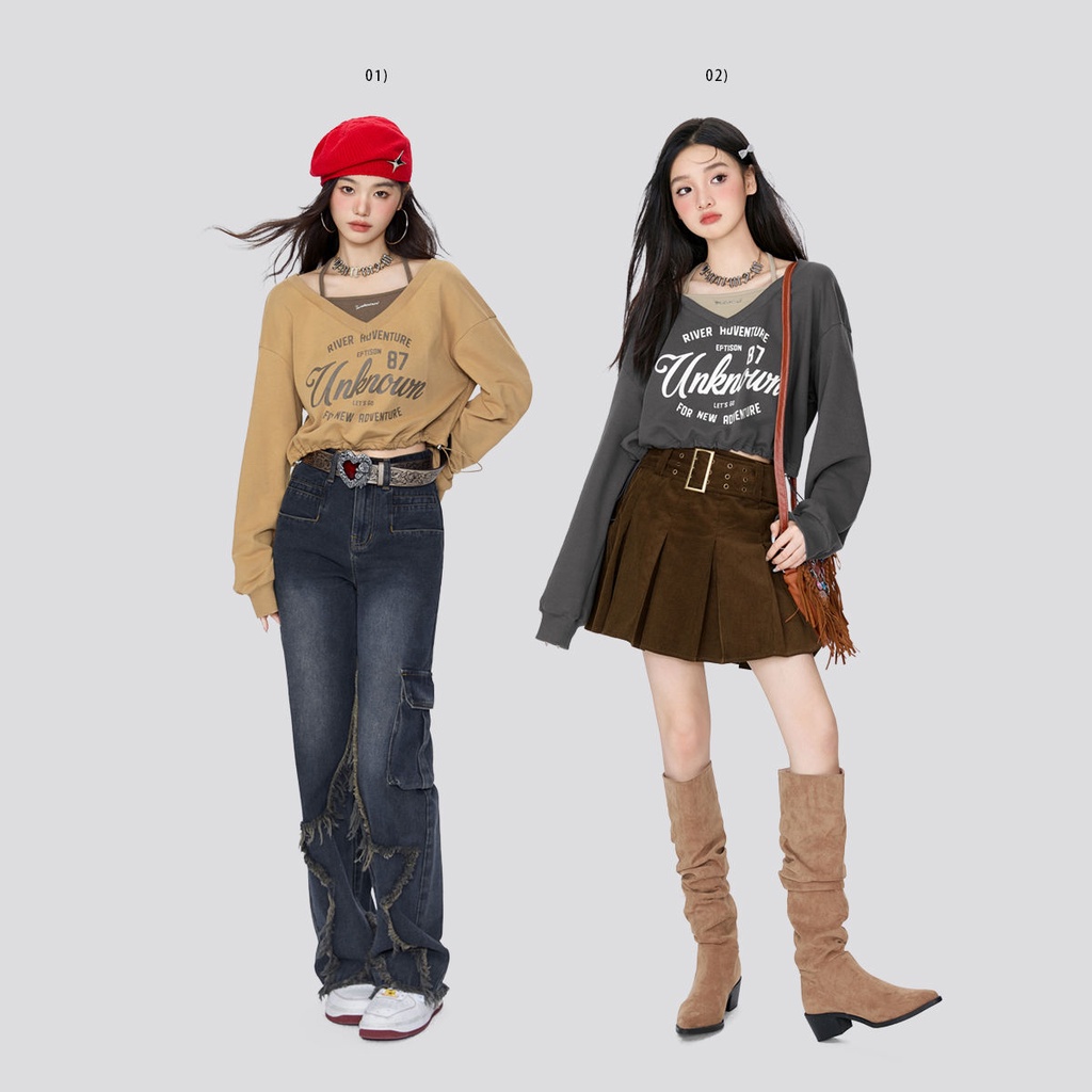 Áo Sweater Giả Hai Lớp Dáng Ngắn Phong Cách retro Mỹ Thời Trang Thu Đông 2023 Cho Nữ