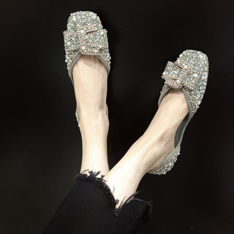 Giày Búp Bê Đế Mềm Mũi Vuông Đính Ngọc Trai Thời Trang Xuân Hè Cho Nữ