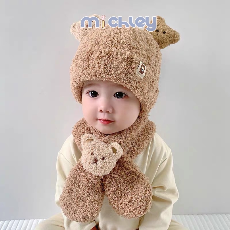 Michley set Mũ Và Khăn Choàng Cổ Bằng Vải Lông Giữ Ấm Mùa Thu Đông Dễ Thương Cho Bé Trai Và Bé Gái