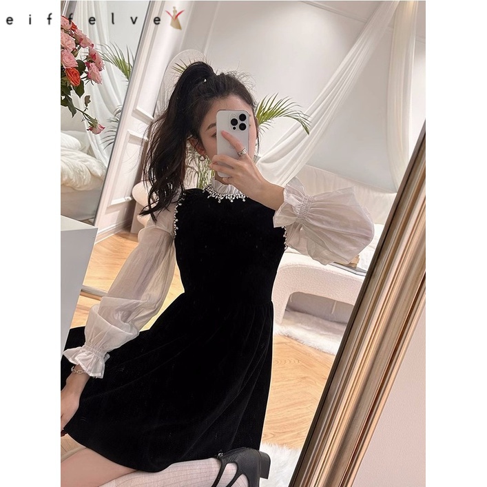 Đầm Nhung organza Dài Tay Đính Đá Pha Lê Phong Cách Mới 2023