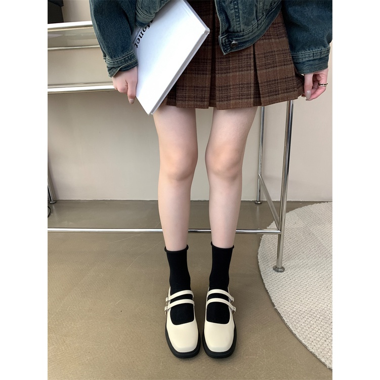 Giày Da Gót Thấp Mũi Vuông Phong Cách Anh Quốc Thời Trang Mùa Thu 2023 Cho Nữ