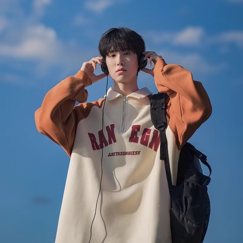 Áo Thun polo Tay Dài Dáng Rộng Có Khóa Kéo Màu Sắc Tương Phản Phong Cách Hàn Quốc Thời Trang Cho Nam