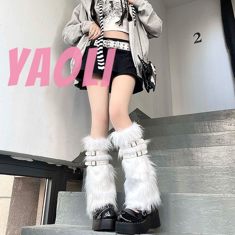Yaoli Vớ Da Giữ Ấm Chân y2k Phối Lông Giả Có Khóa Cài Cho Bé Gái