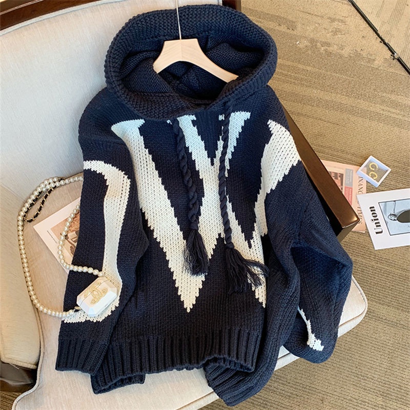 Áo Khoác Dệt Kim Có Mũ Trùm Dáng Rộng In Họa Tiết Thời Trang Thu Đông Cho Nữ