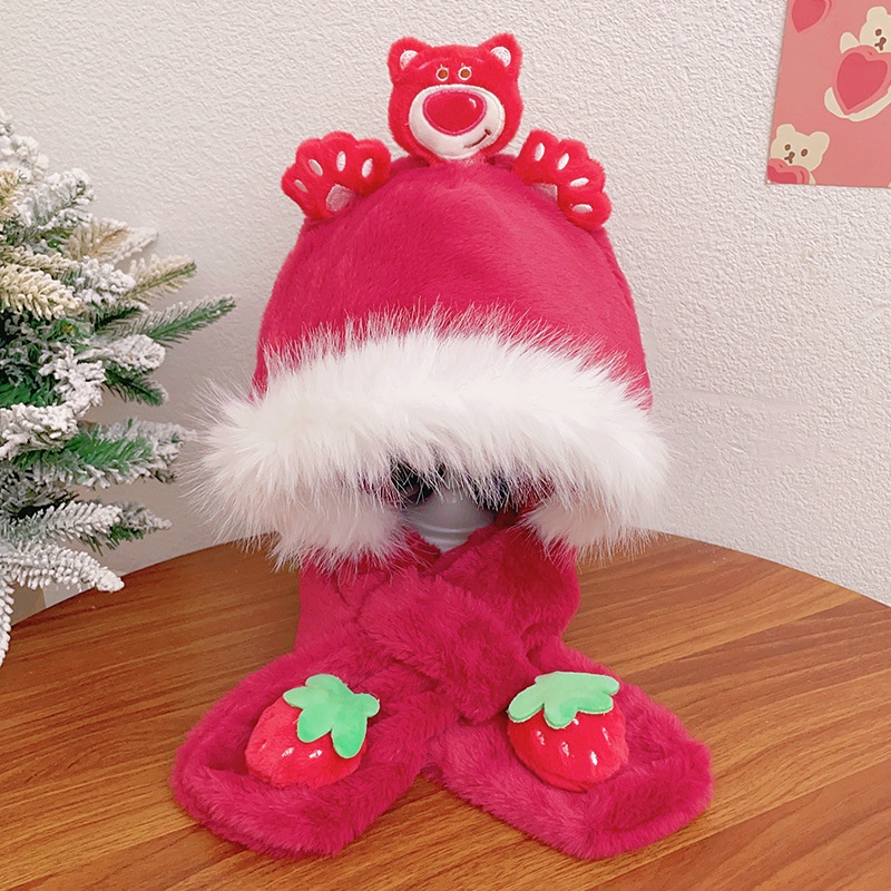 Set 2 Mũ Len Kèm Khăn Choàng Cổ 2 Trong 1 in Họa Tiết Dâu Tây / Gấu Hoạt Hình Dễ Thương Thời Trang Mùa Đông Cho Bé Gái