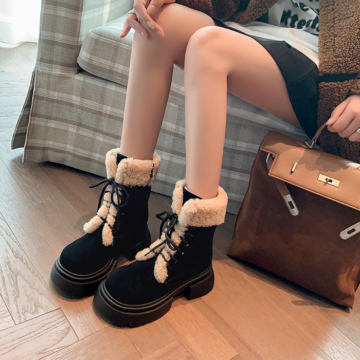 Suding Giày Boot Cao Gót Mũi Tròn Lót Lông Cừu Dày Dặn Thời Trang Thu Đông Phong Cách retro Mới Cho Nữ