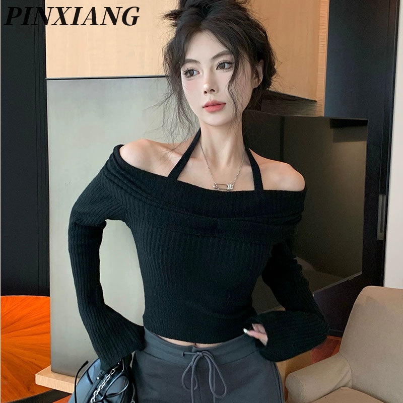 PINXIANG Áo Croptop Tay Dài Trễ Vai Kiểu Dáng Quyến Rũ Thời Trang Cho Nữ