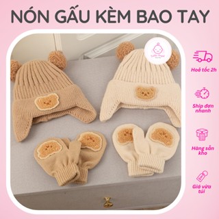 Nón Len Tem Gấu Xoăn 2 Quả Bông Kèm Bao Tay Giữ Ấm Cho Bé