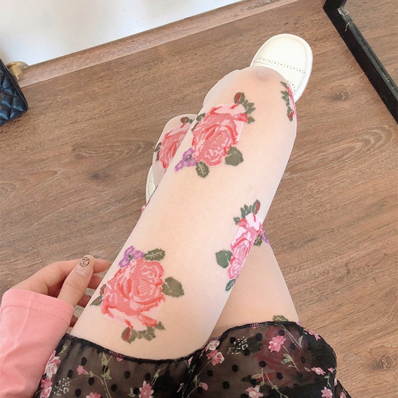 New Style Silk Stockings, Retro Floral Jumpsuit, Black Silk Nightclub Dancing, Women's Floral Silk Stockings with Anti Hook and Anti Silk Punching