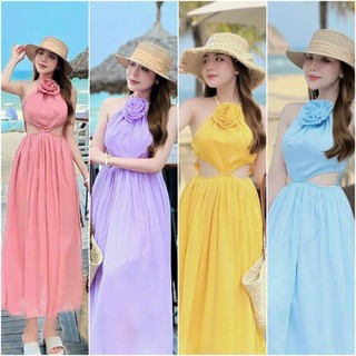 Đầm maxi đi biển khoét eo bông hồng cổ (sẵn mút) rực rỡ mùa hè

