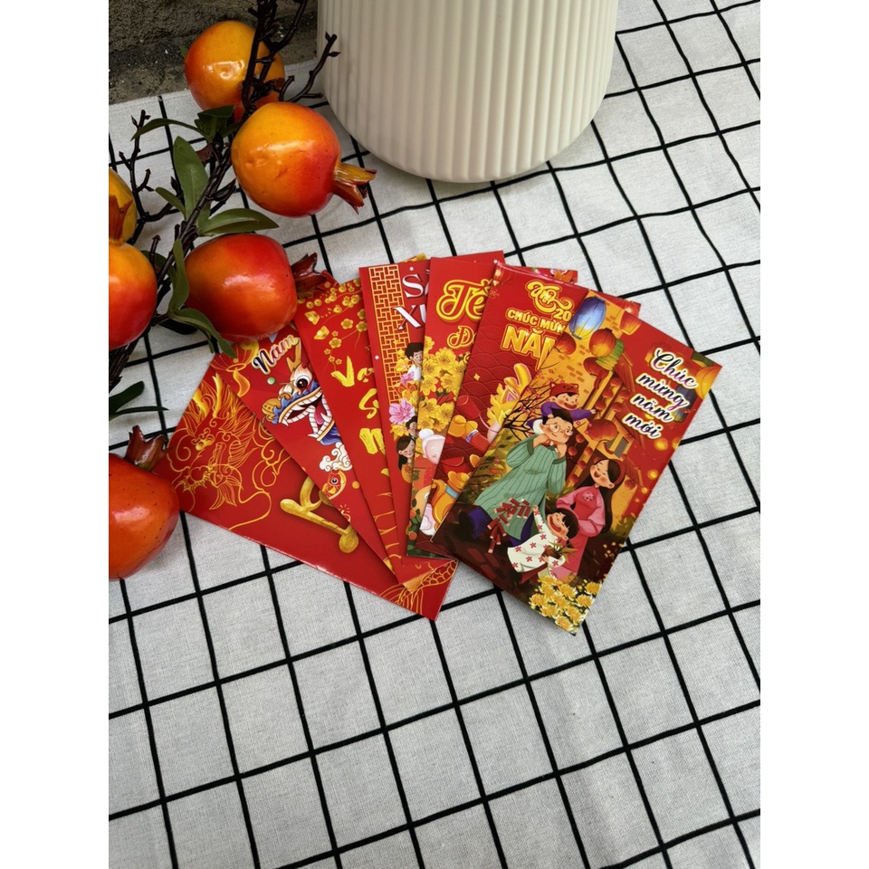 Set 10 bao lì xì đỏ mừng tuổi năm mới hoạt hình chibi, tài lộc đón xuân giáp thìn năm 2024