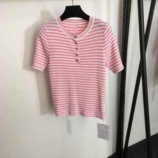 Chanel 2023 New Women's Clothing Western Style All-Matching Pink Classic Style Button Contrast Color Striped Short Sleeve Sweater Top