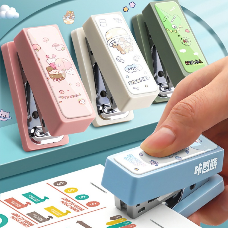 Máy dập ghim bấm mini sắc màu kèm hộp 400 ghim,Dập ghim có thể xoay được 360 độ-Fashinrandy