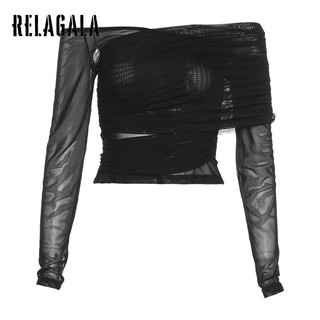 RelaGala Nữ Thời Trang Mới Màu Trơn Gợi Cảm Cá Tính Đường Phố Mỏng Lưới Dài Tay Áo Thun