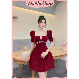Đầm Xòe Thiết Kế Tinh Tế Chất Nhung Cứng Cổ Vuông Xẻ Ngực Đính Đá Cườm Bling Bling Vừa Sexy, Vừa Hiện Đại