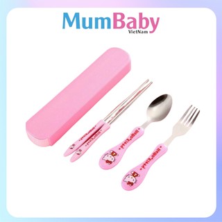 Bộ ăn dặm gồm muỗng đũa nĩa inox nhiều màu cho bé tập ăn có hộp đựng MumBaby