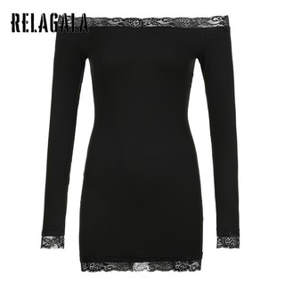 RelaGala Nữ Mới Gợi Cảm Ren Nối Màu Trơn Đường Cong Chặt Vai Váy Dài Tay