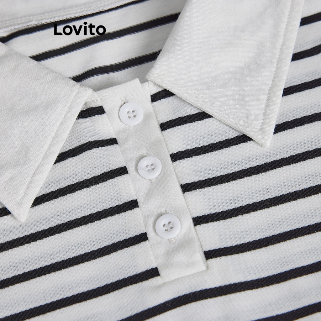 Áo thun Lovito dáng ngắn phối nút họa tiết sọc ngang tương phản cho nữ L59ED035 (Đen trắng)