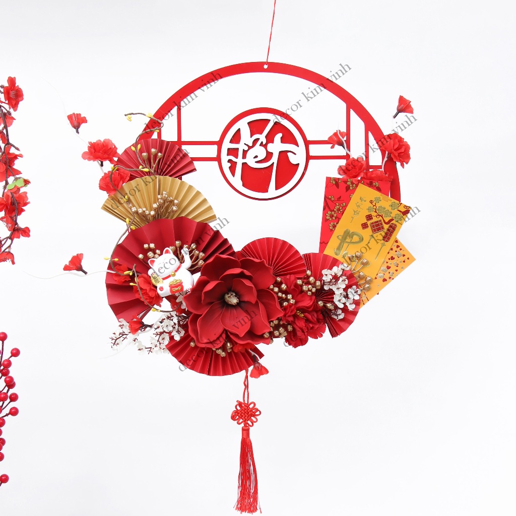 Vòng Hoa Tết H87 40cm Kèm Đèn, Vòng Hoa Trang Trí Tết Xuân